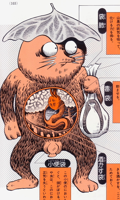 Fukurosage anatomical illustration from Shigeru Mizuki's Yokai Daizukai -- 